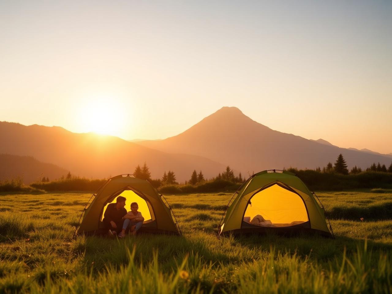 Keluarga camping saat sunrise
